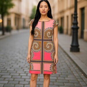 Vince Camuto Size 8 Dress Cap Sleeve Geometric Floral Lined Print Pink Coral